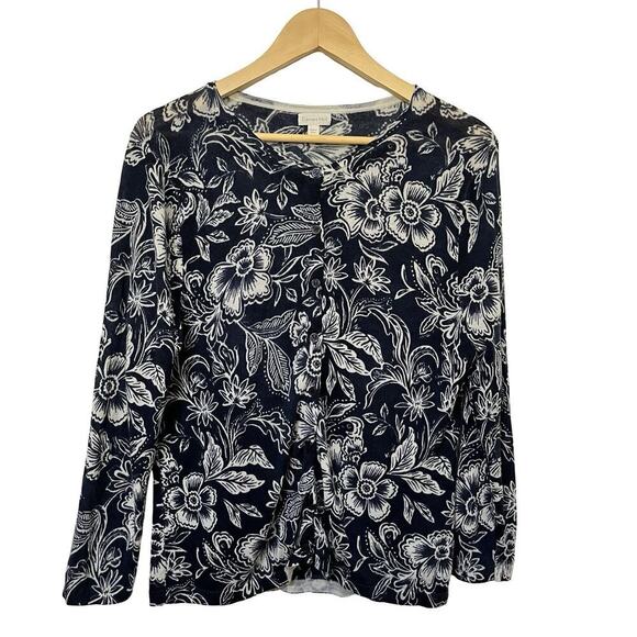 Garnet Hill Signature Eco Merino Wool Floral Cardigan Size L Button Down Fitted - Picture 1 of 7